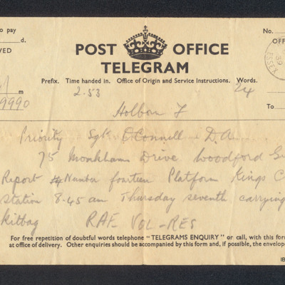 Telegram to Desmond O’Connell from the Royal Air Force 